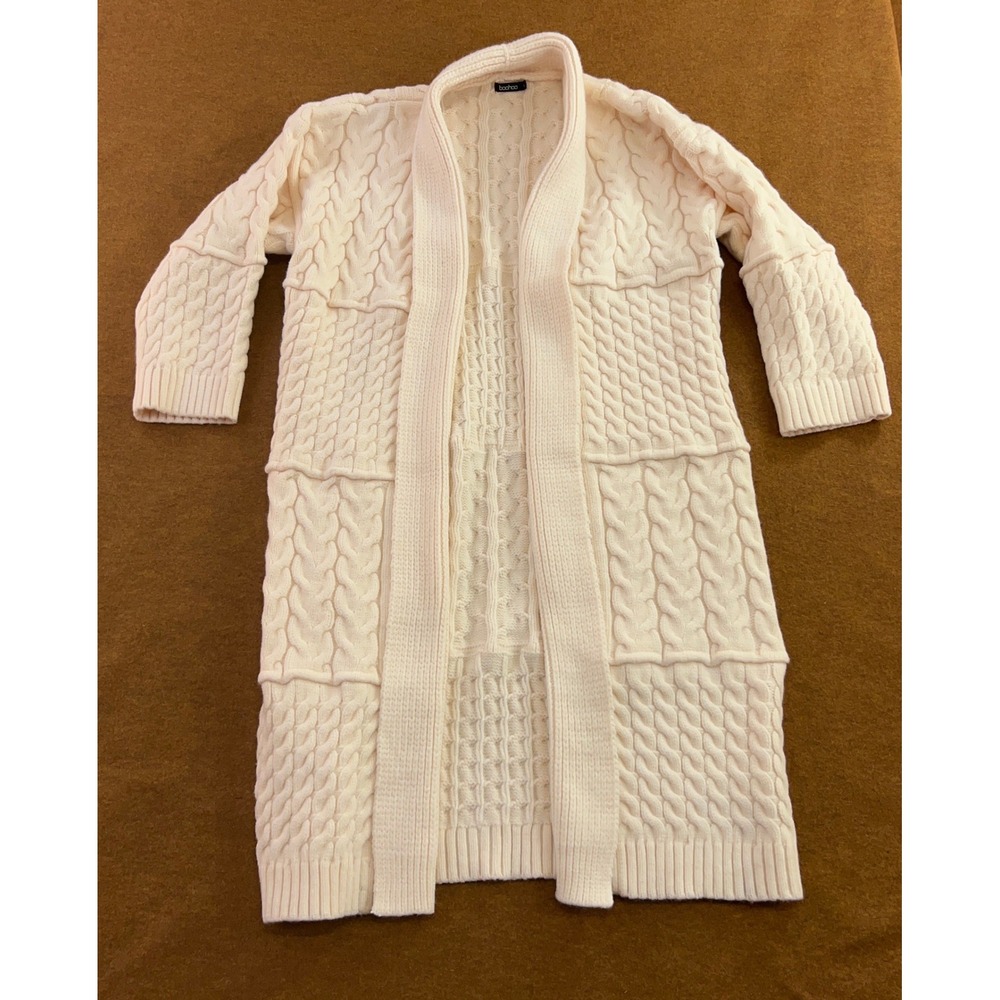 Boohoo Womens Large Ivory Cable Knit Longline Open Front Cardigan Sweater New